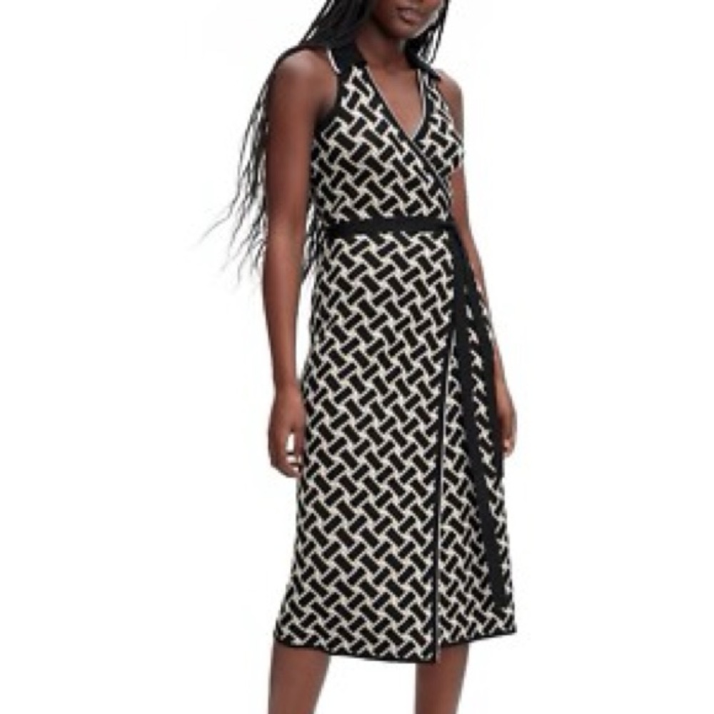 Diane Von Furstenberg Black & Cream Patterned Wrap Midi Dress